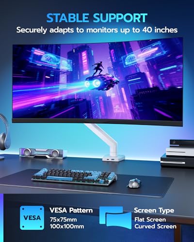 Image of ARES WING Heavy Duty Single Monitor Arm - Fully Adjustable Monitor Mount for 17 inch-40 inch Ultrawide Screens up to 26.4 lbs with Clamp /Grommet Desk Mount and USB A /C, 75 /100 Vesa Mount, White