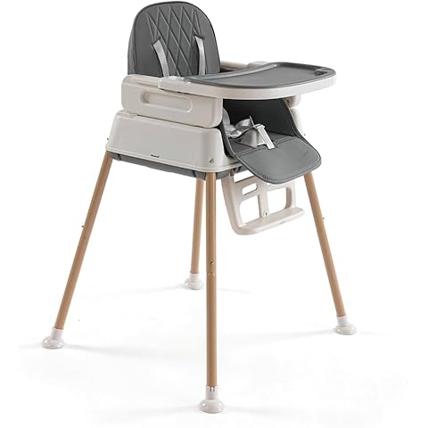 3-in-1 Adjustable Baby Feeding Chair, Portable, Removable Feeding Tray, 5 Point Harness, Gray Cover
