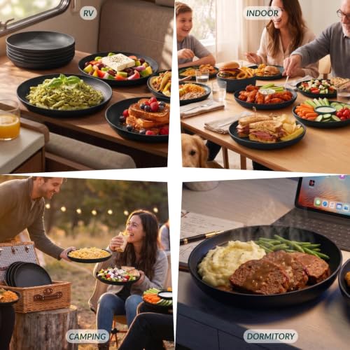 Image of Homienly Wheat Straw Plates Set - 11 inch Reusable Large Dinner Plates Set of 8, Lightweight Unbreakable Salad Plates, Microwave and Dishwasher Safe Plates, Deep Plates for Dinner, Camping - Black