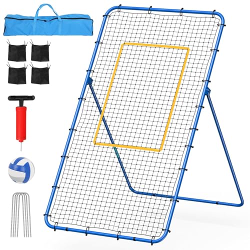 バレーボールリバウンダーネット 7x4フィート 角度調節可能 スパイク/バンピング/パス用 | 折りたたみ式トレーニングネット デュアルバーフレーム グラウンドステーク&キャリーバッグ 屋内/屋外バレーボール練習用
