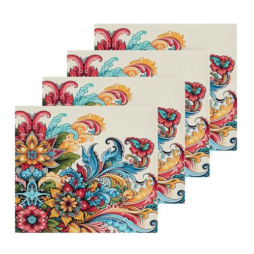 YANENDIE Traditional Floral Motifs Washcloths Towels, Highly Absorbent and Soft Cotton Face Cloths, 4 Pack Quick Dry Wash Cloths - 12 X 12 Inches