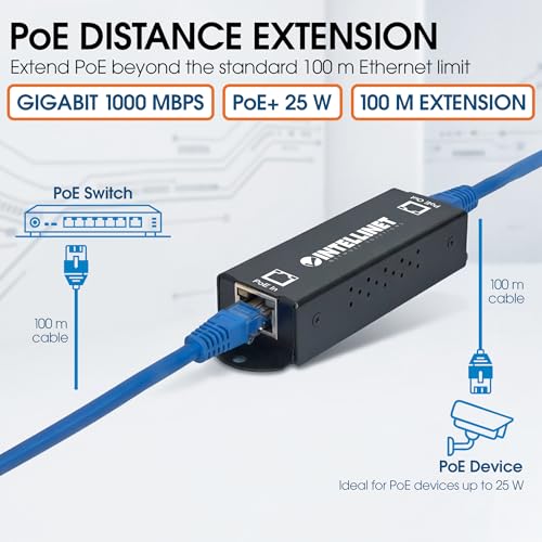 Image of Intellinet Gigabit PoE+ Extender, 1-Port, 25W, IEEE 802.3at /af | IEEE 802.3af /at compliant unit extends PoE links to 328 ft, fanless metal housing, no separate adapter needed