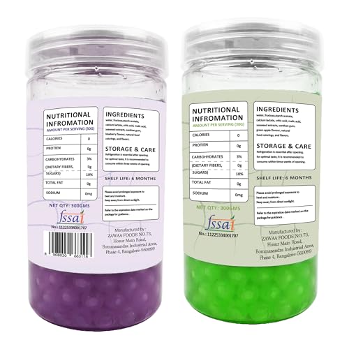 Image of Zawaa Boba Tea Assorted Popping Boba Pearls - Green apple & Blueberry | 300g Each (Pack of 2) | Bursting Bubble Tea Pearls