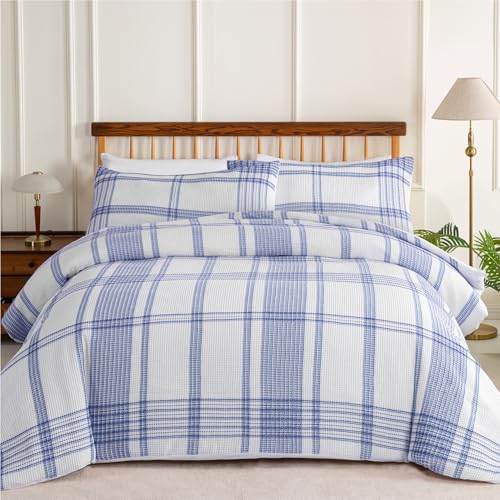 Sophia & William Queen Comforter Set, 3 Piece Waffle Weave Bedding Comforter Set with 2 Pillow Shams, White + Blue