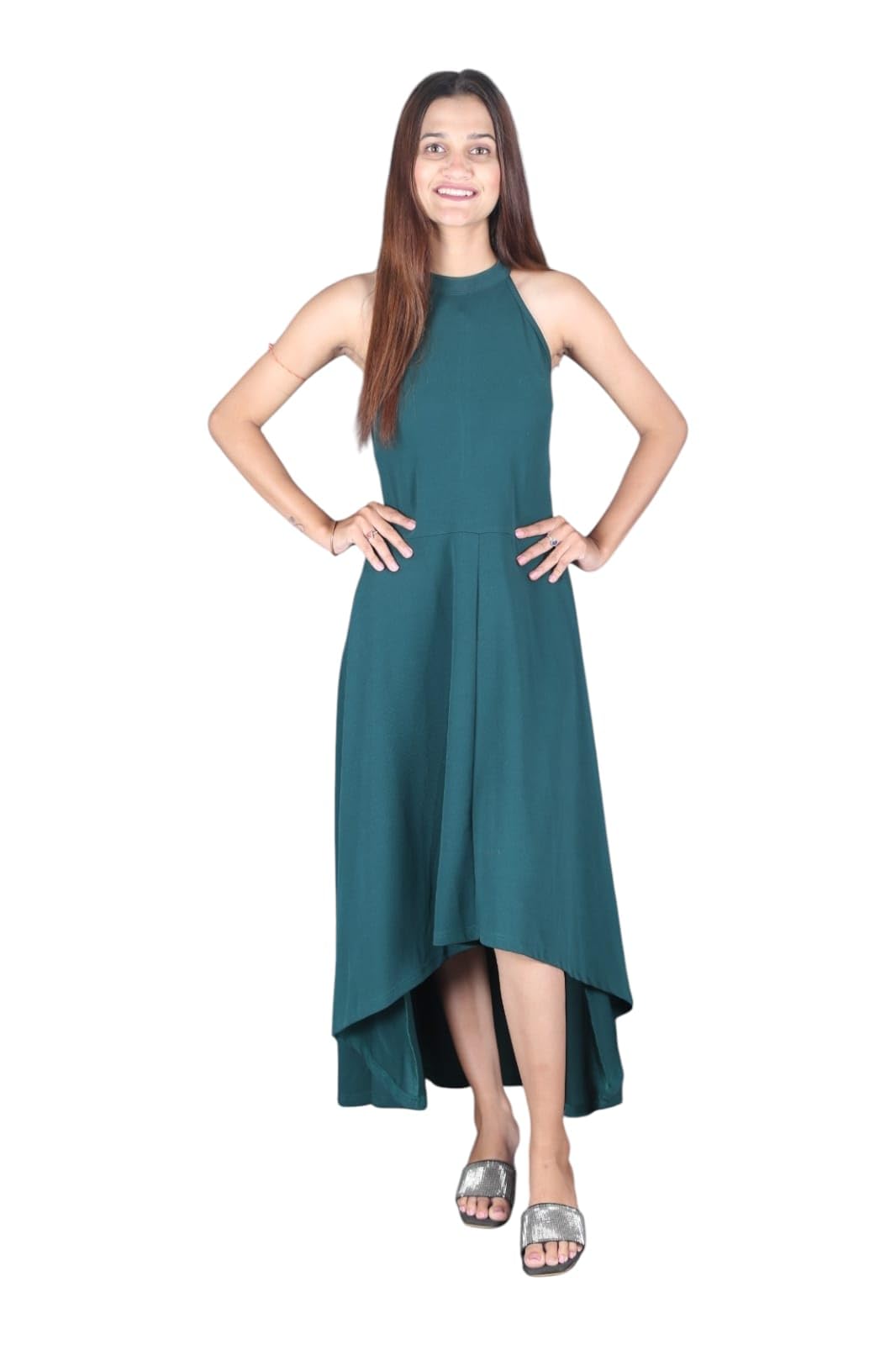 Women's High-Low Hem Sleeveless Dress in Dark Teal Fabric-picture-48