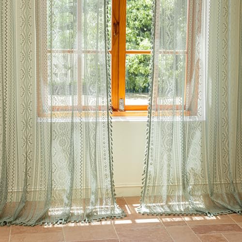 Image of MYSKY HOME Boho Lace Sage Green Sheer Curtains 2 Panels Set 84 inch Long Vintage Floral Crochet Pattern Privacy Rod Pocket Tassels Small Windows Spring Curtains for Living Room Bedroom, 55 inch W