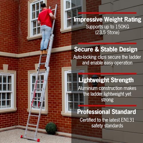 HOMEMASTER® 3 Section Extension Ladder | 150kg Load Capacity | Anti-slip Rungs, Auto-Locking Clips | Lightweight Aluminium Ladders | 6.50m 2 HOMEMASTER® 3 Section Extension Ladder | 150kg Load Capacity | Anti-slip Rungs, Auto-Locking Clips | Lightweight Aluminium Ladders | 6.50m - Image 2