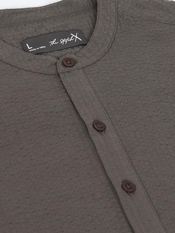Image of StitchX Men's Seersucker Band Collar Pure Cotton Striped Kurta Shirt-S-2XL