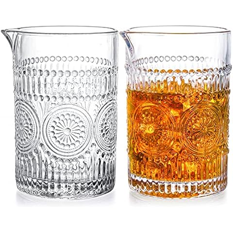 Kingrol Professional Cocktail Mixing Glasses, Set of 2, 21 Ounces Heavy Duty Mixing Pitchers for Stirred Cocktail, Extremely Clear Stirring Glasses, Fancy Embossed Design Cover