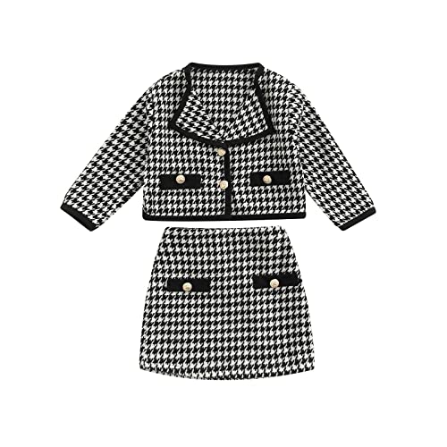 Baby Kids Girls Skirt Set, Long Sleeve Lapel Collar Plaid Jacket with Skirt Casual Daily Outfit