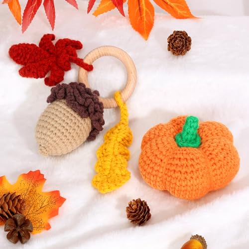 Gicoherero Fall Baby Rattles Crochet Pumpkin Lovey Newborn Toy Thanksgiving Infant Sensory Toys Acorn Maple Leaves Stuffed Baby Shower Handmade Gift Idea New Mom Babe Boys Girls 0-12 Months