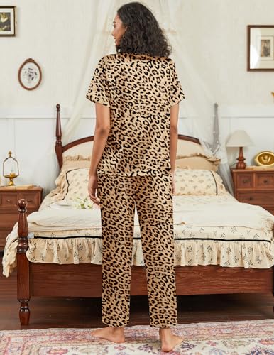 Image of Ekouaer Satin Pajamas Set for Women Silk Button Down Sleepwear Short Sleeve Loungewear 2 Pieces Nightwear