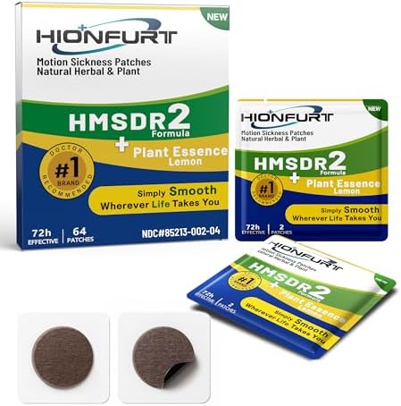 HMSDR2 64ct Motion Sickness Patches with Plant Essence – Lemon – Sea Sickness Patches for Cruise, Car, Airplane – Non-Drowsy, 72H Lasting