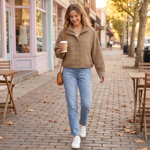Plaid Bomber Jacket Women Oversized Cropped Funnel Neck Gingham Jacket - image 6