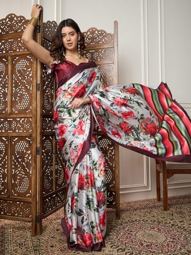 Image of AKHILAM Women's Multicolor Satin Silk Floral Printed Saree With Unstitched Blouse (SATIN1403 RJ11 Parent)
