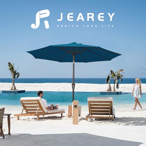 Image of JEAREY 9FT Outdoor Patio Umbrella Outdoor Table Umbrella with Push Button Tilt and Crank, Market Umbrella 8 Sturdy Ribs UV Protection Waterproof for Garden, Deck, Backyard, Pool (Lake Blue)