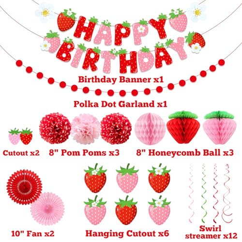 Image of Strawberry Birthday Decorations for Girls, Red Pink White Strawberry Birthday Banner with Tissue Pom Poms Fans Honeycomb Balls Polka Dot Garland and Hanging Swirls Berry Hanging Decor Centerpieces