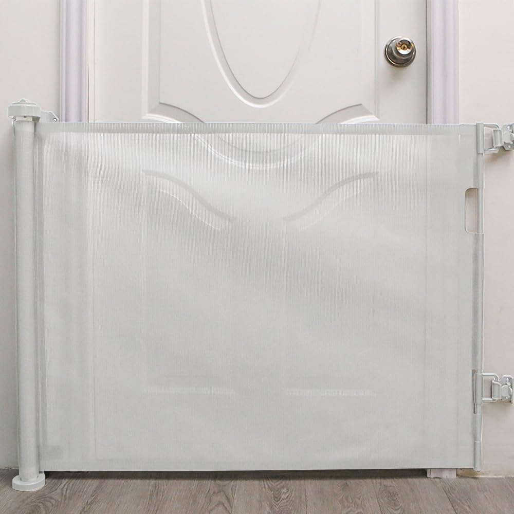 Barrière de Sécurité Rétractable 0 à 150cm pour Enfant et Chiens Filet de Protection Extensible Opération à Une Main pour Extérieur Intérieur Porte Escaliers-86 * 150cm-Blanc