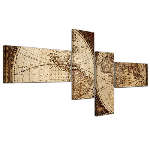 Impression d'art - Mappemonde Vintage - Image sur toile - 140x65 cm 4 pcs - Toile photos - Murale de BildTerrepot24 - Urbain & Graphique - Terre -...