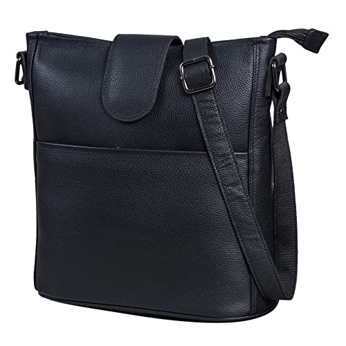 LEABAGS Leder Handtasche Damen I Premium Echtleder Umhängetasche I Damen Schultertasche I Damentasche I Tragetasche für Arbeit Uni Schule Freizeit I Größe L (31 x 29 x 13 cm) I Nappa Schwarz