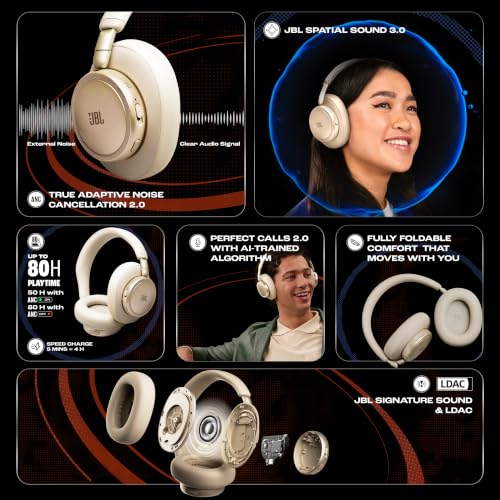 Image of JBL New Live 780NC, Advanced Noise Cancellation 2.0 Wireless Headphones, Technology (BT 6.0, Auracast, Hi-Res, LDAC, Spatial Sound, 6-mic, AI-Trained Algo) 80H Battery, 2Yrs* Warranty,Champagne | Bluetooth 6.0, Multipoint Connection, Up to 80 Hours Playtime, Customisable with the JBL Headphones App, Spatial Sound