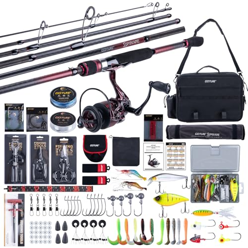 GOTURE Travel Fishing Rod and Reel Combo, 6-Piece Carbon Fiber Spinning Pole with 3-Layer Storage Bag, 3000 Series Reel, Line, Lures, Full Kit for Bass Trout Fishing