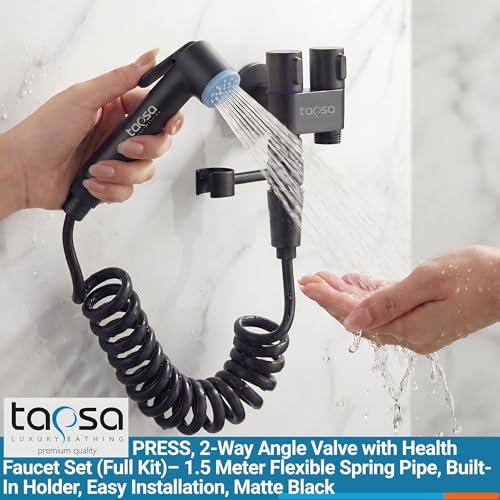 Image of Two Way Angle Cock Black with Health Faucet Set|2 in 1 Angle Cock|Angle Valve (Set of 1) for Bathroom /Wash Basin & Toilet (for HF Set & Flush) with Wall Flange Angle Valve Faucet (Wall Mount)