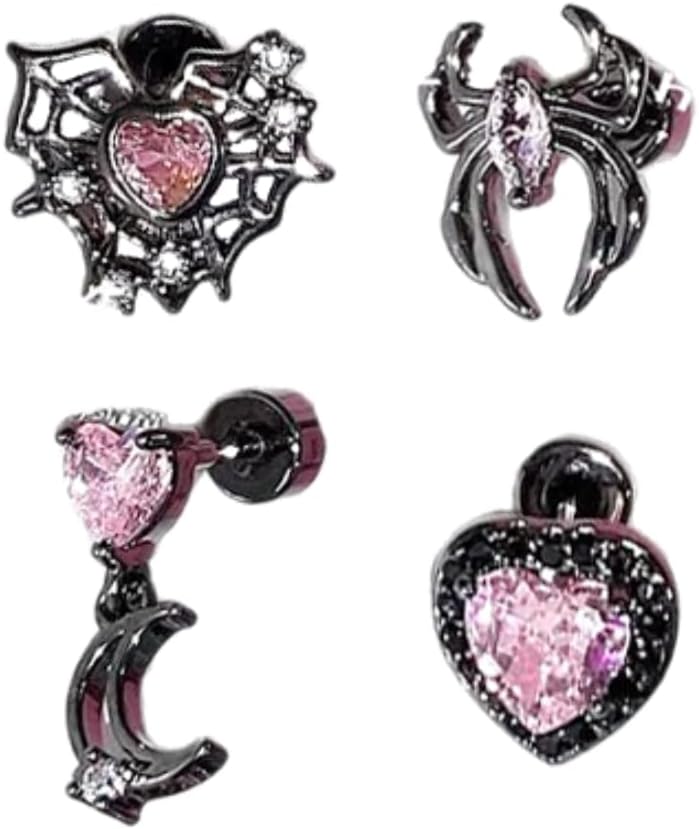 4Pcs Halloween Pink CZ Heart Spider Web Cartilage Stud Earrings Set for Women Gothic Black Conch Helix Tragus Flat Back Studs Earrings Dainty Cartilage Piercing Jewelry
