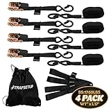PITRAPSETUP Ratchet Straps Heavy Duty Tie Down Set 1' x 17' - 1760 lbs Break Strength Motorcycle Tie Down Straps 4 Ratchets & 4 Soft Loops Use with Moving,Trailer & Trucks Plastic Coated Metal Hooks