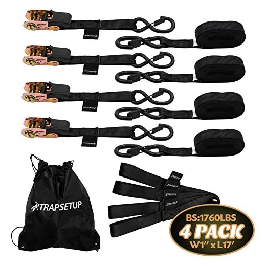 PITRAPSETUP Ratchet Straps Heavy Duty Tie Down Set 1" x 17' - 1760 lbs Break Strength Motorcycle Tie Down Straps 4 Ratchets & 4 Soft Loops Use with Moving,Trailer & Trucks Plastic Coated Metal Hooks