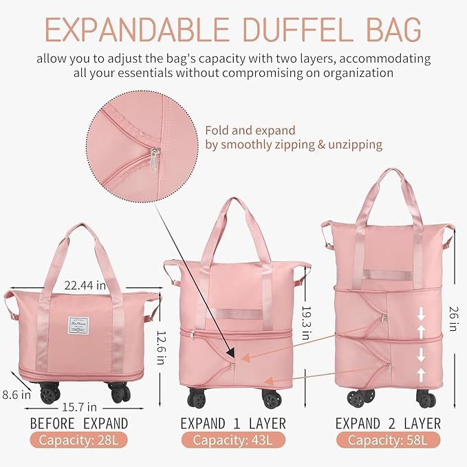 Image of TEKCOOL Duffel Trolley Bags for Travel,Luggage Bags for Travel,Rolling Duffle Bag with Wheels,Travel Bags for Luggage Trolley,Expandable Foldable Duffle Bag with Wheels - Peach'