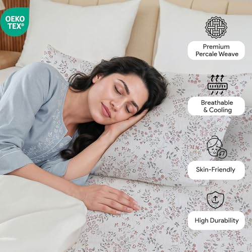 Image of LINENWALAS 100% Cotton Elastic Fitted Bed Sheet for Single Size Bed | Fits 6-12 Inch Mattress | Soft, Breathable, Oeko-TEX Certified Premium Bedsheet with 1 Pillow Cover (36x78 Inches, Blush Meadow)