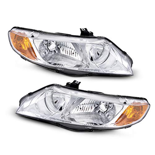 2006 Civic Headlight Assembly from Torchbeam Replacement Front Headlight Set for 2006-2008 Civic Hybrid/2009-2011 4-Door Chrome Housing Amber Reflector Clear Lens Driver and Passenger Side
