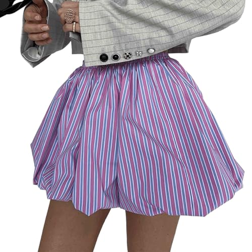Women's French Balloon Skirt Striped Pleated Short Skirt Mini Fluffy high Waisted Skirt