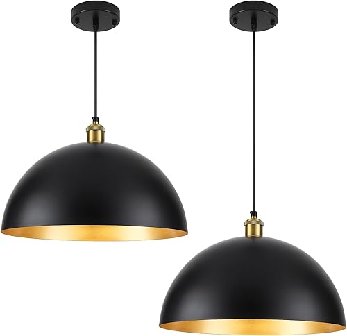 Miniatura 10 de Paquete de 2 lámparas colgantes de cúpula negra, luces colgantes vintage de 11.8 pulgadas, isla de cocina, lámpara colgante industrial para comedor,