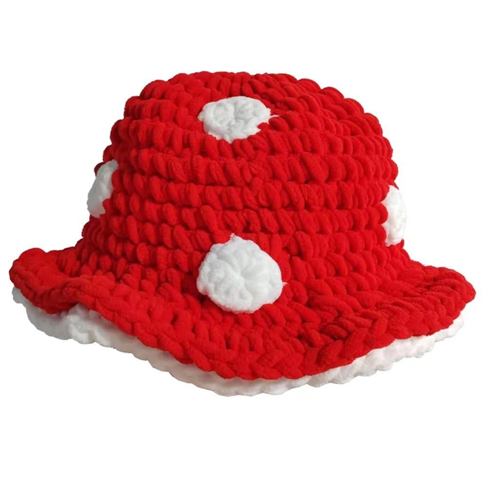 Baokuan Spotted Knitted Mushroom Hat Crochet Bucket White Red Halloween Cosplay Roleplay Accessories Party Hats for Women Girls