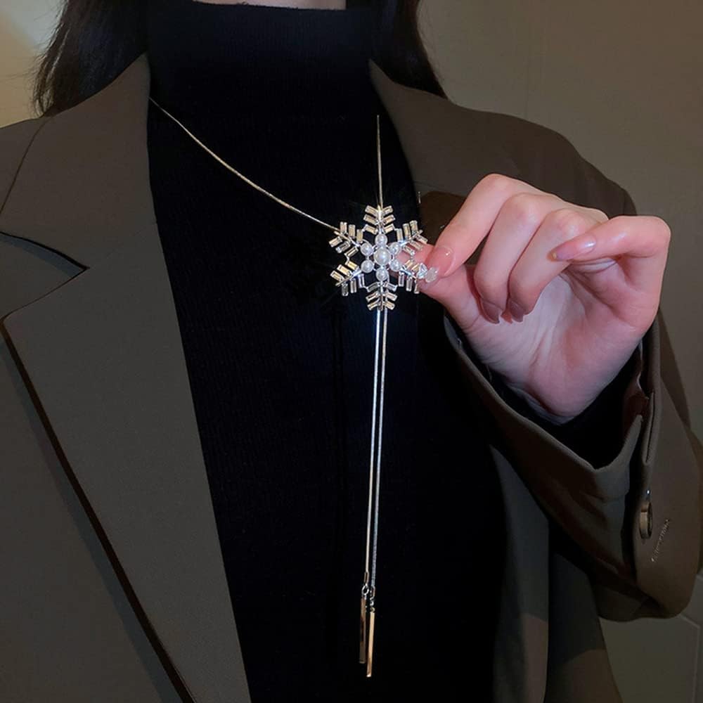 Wiwpar Sexy Long Chain Necklace Silver Large Pendant for Women Crystal Snowflake Pearl Drop Y Necklace Daily Winter Snowflake Flower Necklace Chain for Women (silver) - Image 5