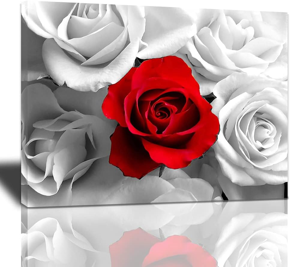 Red Roses Flower On Black And White Canvas Wall Art Giclee Print Modern Canvas Artwork Wooden Frame Painting For Living Room Office Bedroom Decoration Picture 20x16 Inches