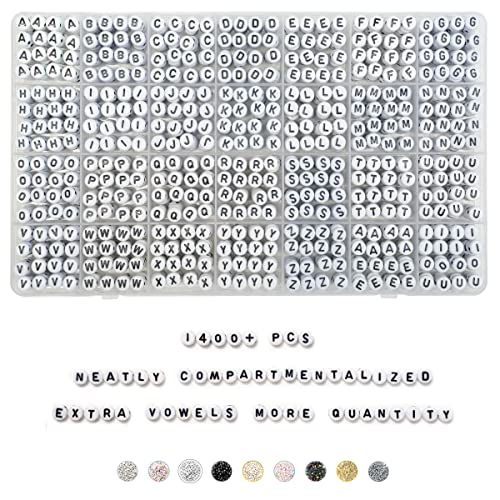 Deinduser 1400 Pieces Letter Beads - 4x7mm White Round Letter Beads for Bracelets - Acrylic Letter Beads for Jewelry Making - Bracelet Letter Beads - Alphabet Beads Black on White