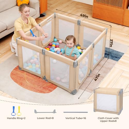 Dripex Portable Folding Playpen, 49"×47" Compact Baby Playpen, Indoor/Outdoor Safety Gate with Dual Gates & Breathable Mesh, Khaki - Image 7