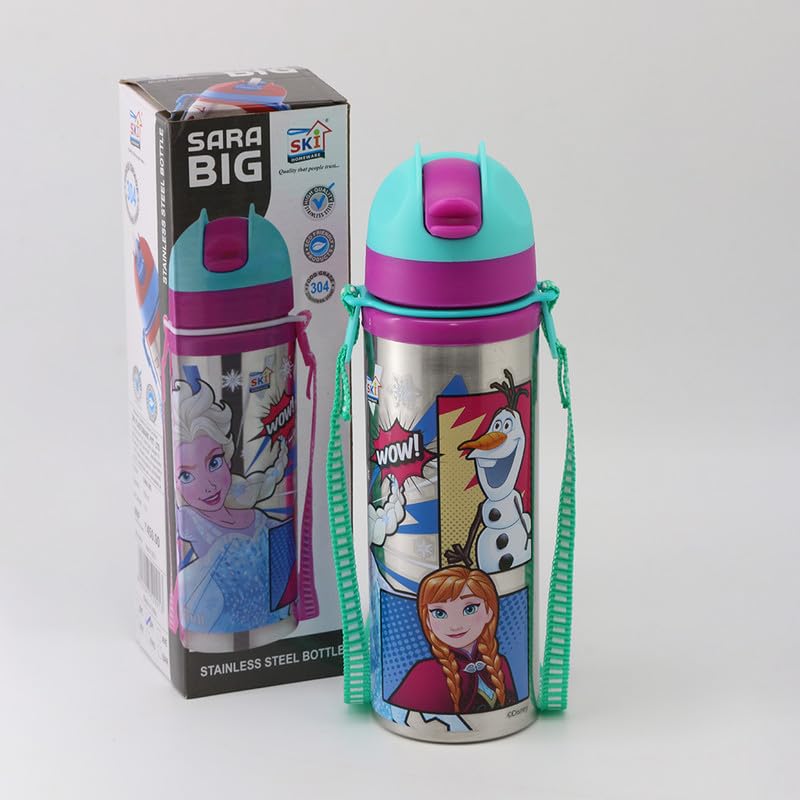 Image of SKi Homeware Sara Steel Water Bottle with Pop-up Starw and a sling strap, 650ML- Frozen