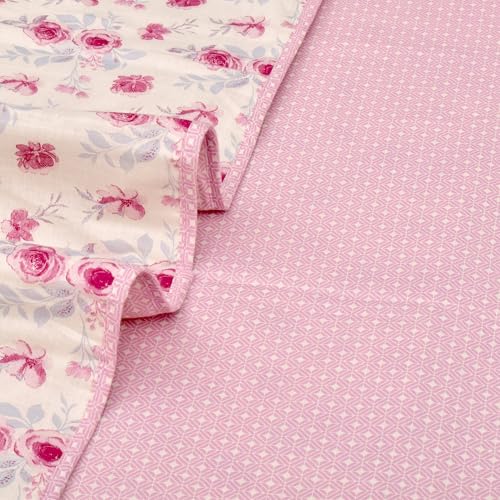Image of HUESLAND 100% Cotton Reversible Dohar Single Bed Cotton | Soft Cambric Weave, Lightweight AC Blanket for Summer & All Weather Use | 56 x 89 inches, Floral Medley - Ivory & Pink