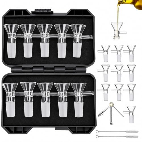 10 PCS 14mm Glass Funnels with Handles Thick Heat-Resistant Easy Pouring for Kitchen Liquids Oils and Crafts Includes Cleaning Brush and Storage Box14-Piece