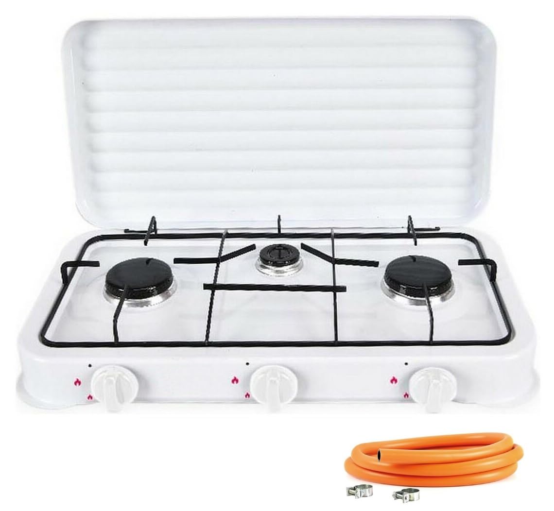 Cocina Hornillo de gas portatil para camping y exterior con 3 quemadores, placa de gas con tapa protectora, manguera de presión para butano incluiddo.