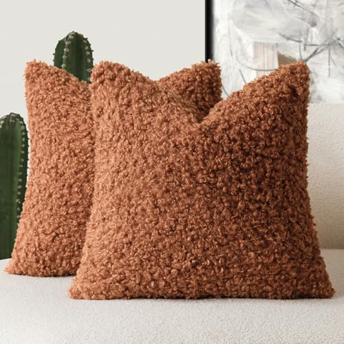 Image of Foindtower 2 Pieces 18x18 Inch Burnt Orange, Faux Fur Throw Pillow Cover Accent Sherpa Furry Pillow Cover Fuzzy Soft Pillowcases Cozy Sheepskin Decorative Fleece Cushion Case for Bed Couch Living Room