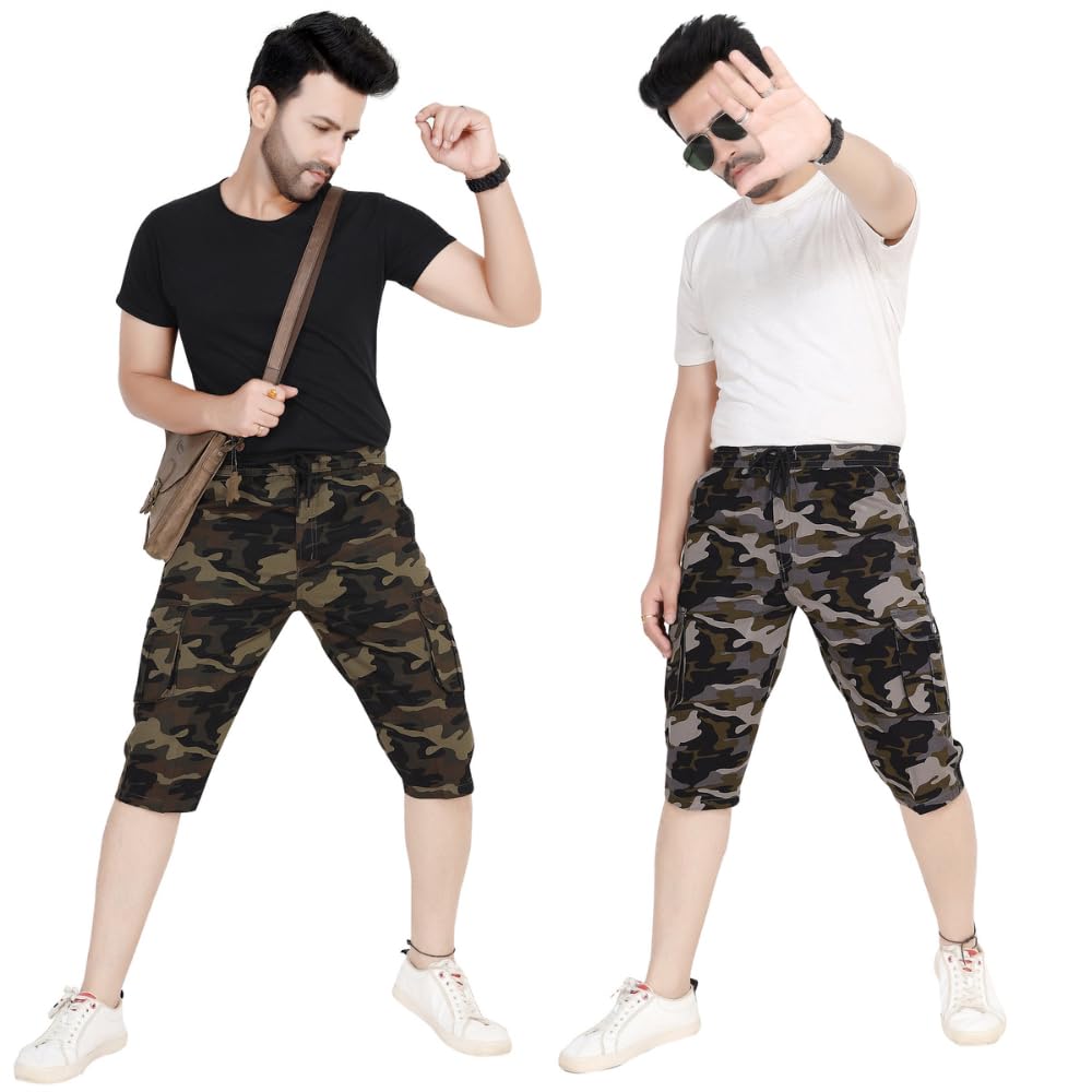 lentil Pack of 2 Men's Cotton Camouflage Three Fourth Cargo Shorts, Regular Fit, Multiple Pockets Brown and Light Green-picture-38