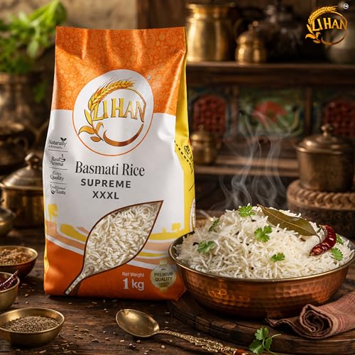 Image of Lihan Supreme XXXL Basmati Rice, 1kg - Premium Aged Long Grain, Extra Long, Fluffy & Aromatic | Ideal for Biryani, Pulao & Daily Meals 1kg (Pack of 1)