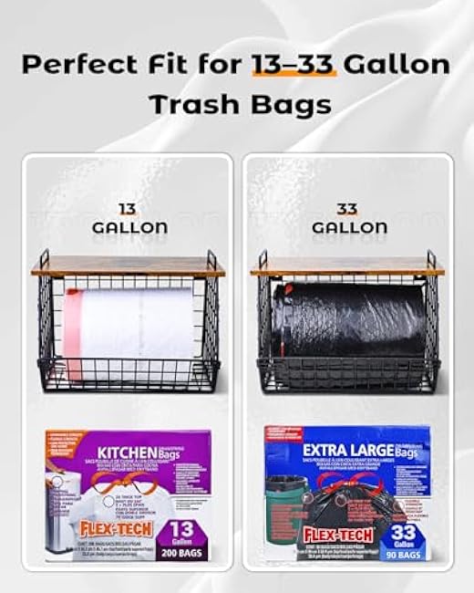 Extra Large Trash Bag Holder Under Sink, Wall Mounted Garbage Bag Dispenser Roll Holder for 13/33 Gallon Trash Bags, Kitchen/Pantry/Laundry Room Organization Basket Storage Bin, Tool-Free Assembly