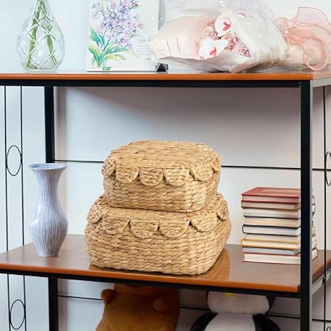 Round Wicker Storage Baskets with Lid, Rattan Basket Decorative Boxes, Woven Storage Box Hyacinth Basket with Lids, Scalloped Edge Wicker Basket with Lid, Set of 2