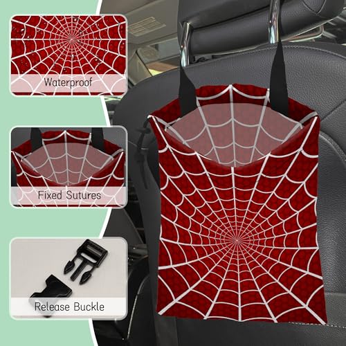 Image of Spider Web on Red Car Garbage Bag,Waterproof Small Car Trash Bag Hanging Back of Seat,Drawstring Hanging Car Trash Bag with Adjustable Buckle for Car Accessories